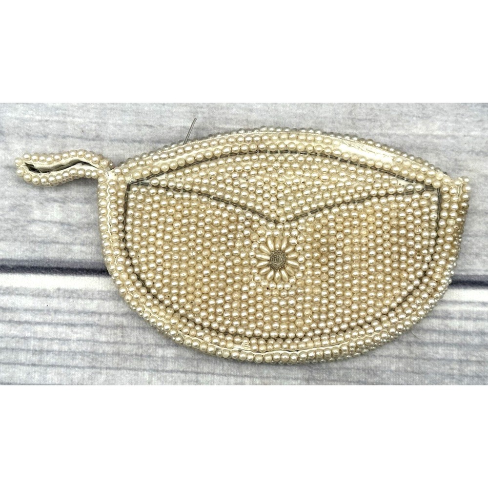 VINTAGE PEARL BEADED CLUTCH PURSE EVENING BAG *12